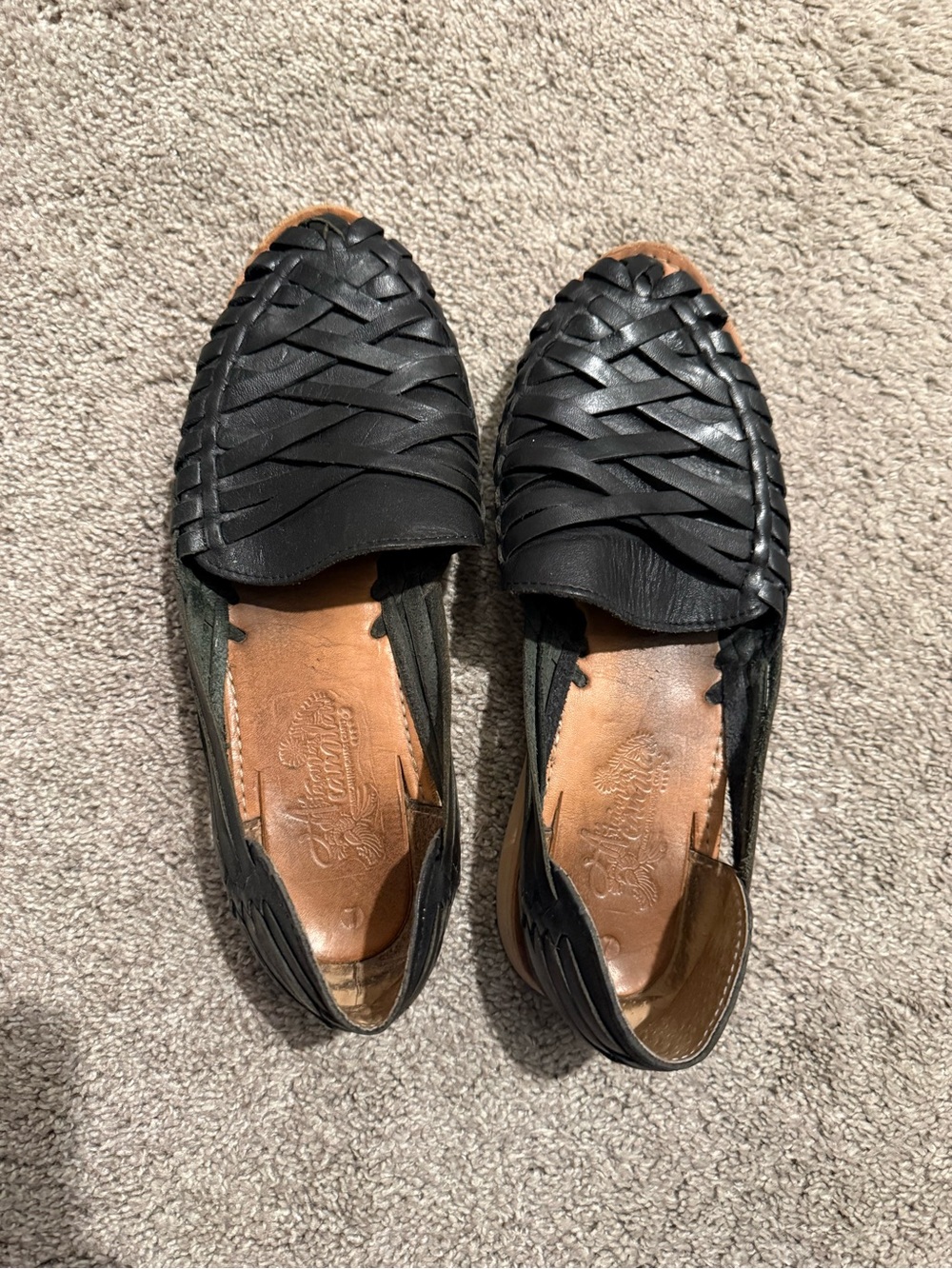 Handmade Black Woven Leather Huarache Flats - Women Sz 10